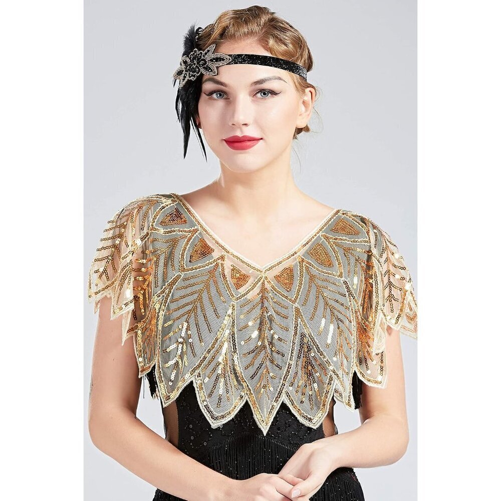 Sequin Beaded Evening Cape Bridal Shawl 1920s Style Flapper Cover Up - Picture 2 of 7